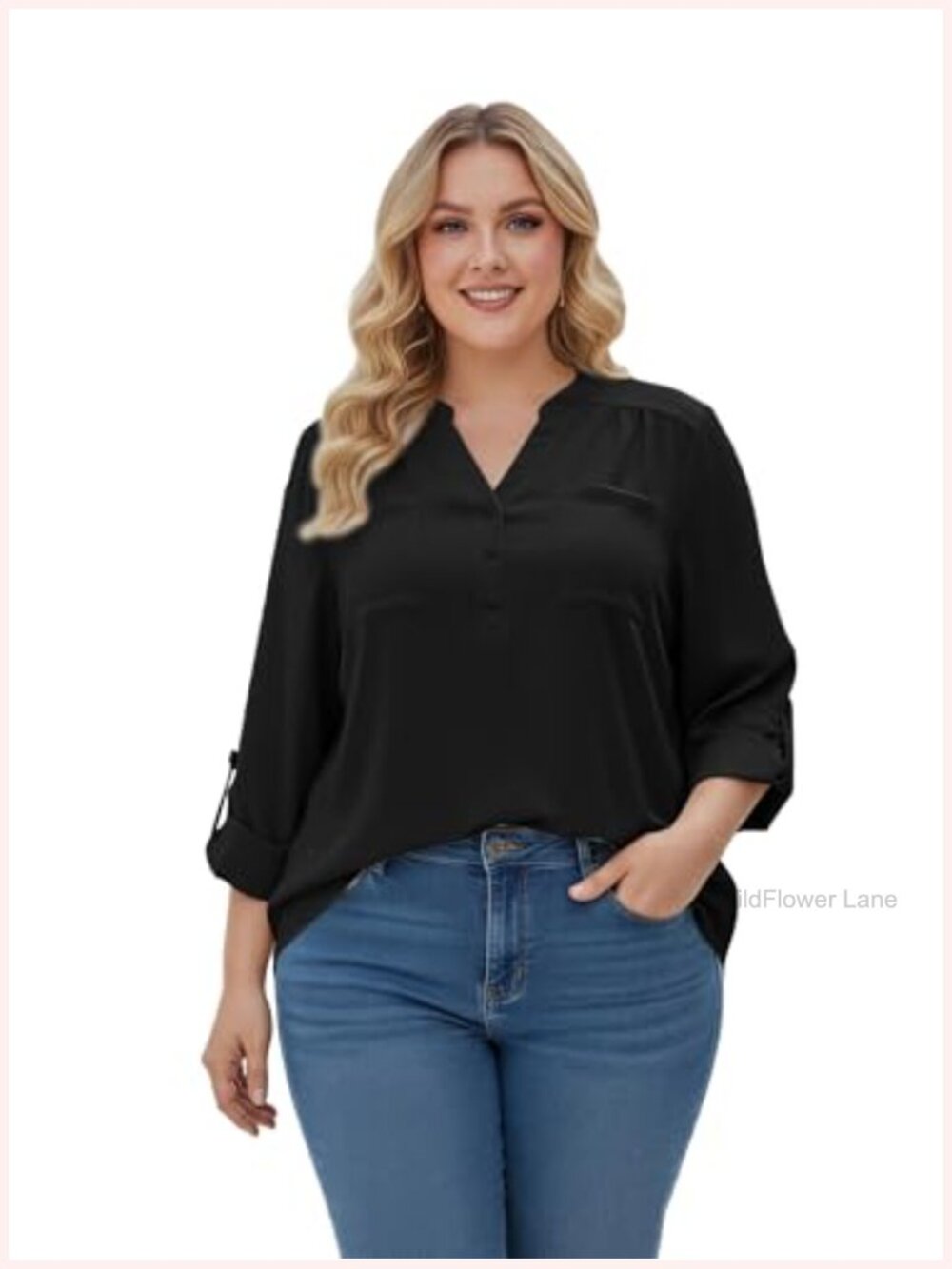 Plus Size V Neck Roll Tab Sleeve Button Down Blouse Office Shirt
